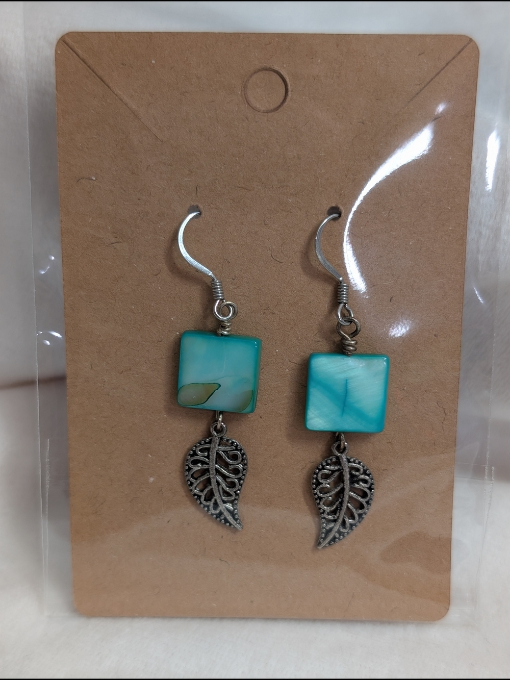 Source Unknown Turquoise Square & Silver Leaf Drop Earrings